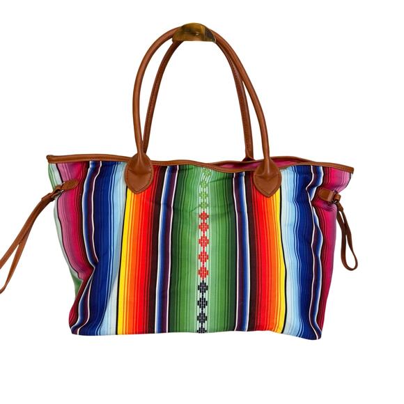 Weekender Tote Bag Rainbow Stripes Canvas Colorful Satchel Travel Makeup Handbag - Picture 1 of 9